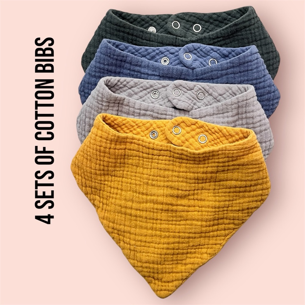 Cotton Baby Bibs Set - Green, Blue, Gray, Yellow